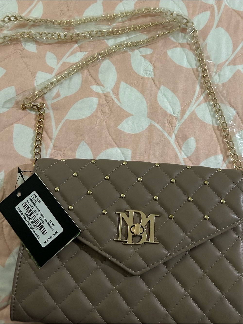 Badgley Mischka Quilted Taupe Crossbody with Gold Chain